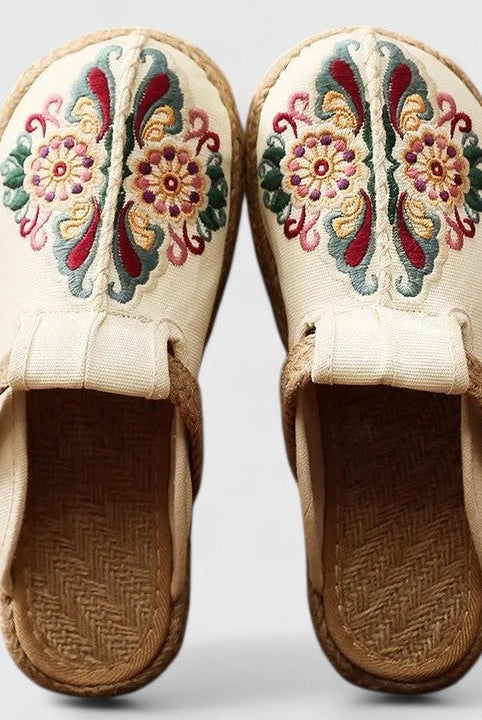 Mules Bordadas Florales Mujer Sin Talón