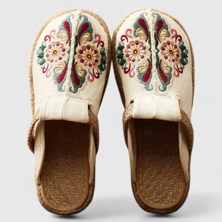 Mules Bordadas Florales Mujer Sin Talón