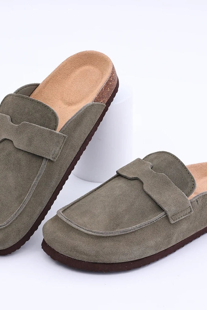 Mules de Ante con Hebilla Mujer Suela de Corcho