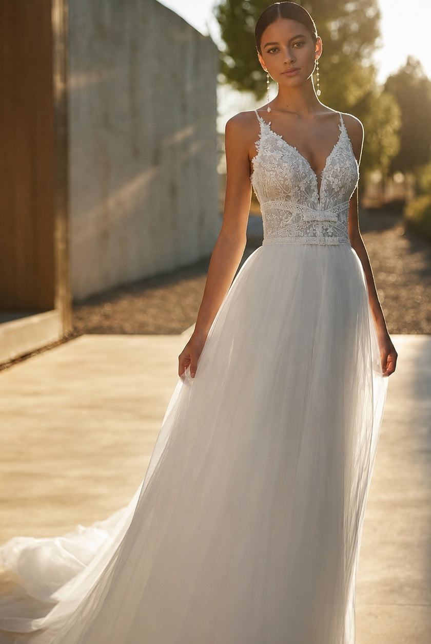 Naia | Vestido de Novia Boho Mujer Encaje Tirantes Escote V