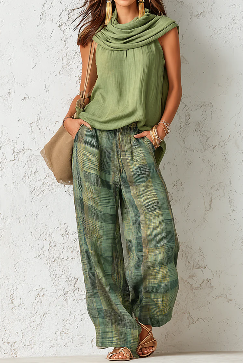 Natalia | Conjunto Pantalón de Pierna Ancha Mujer Estampado Cuadros