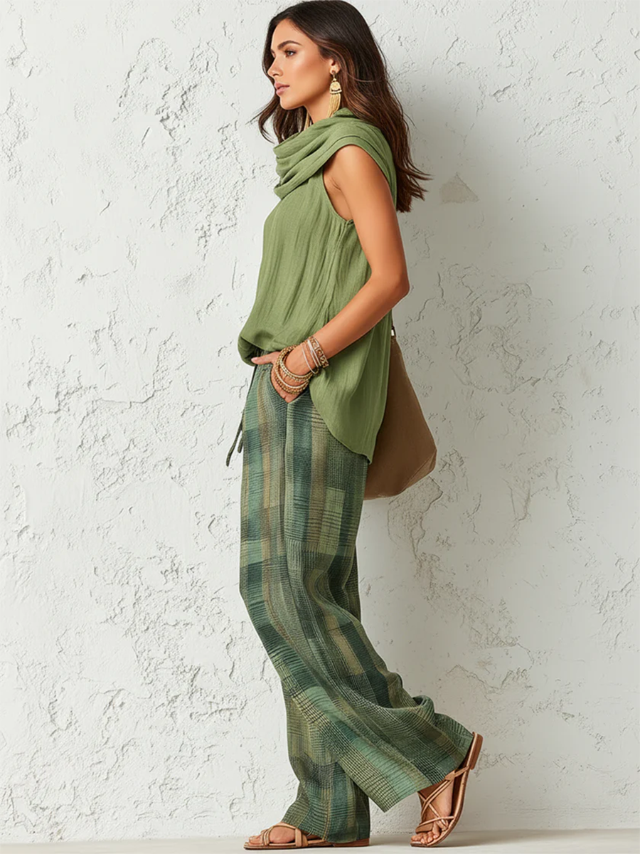Natalia | Conjunto Pantalón de Pierna Ancha Mujer Estampado Cuadros