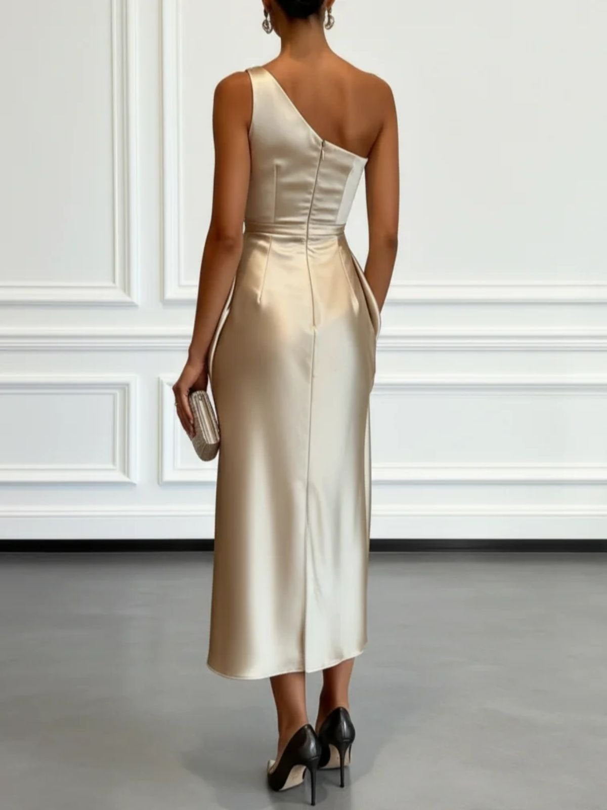 Natalia | Vestido de Fiesta Midi de Satén Un Hombro Mujer Drapeado
