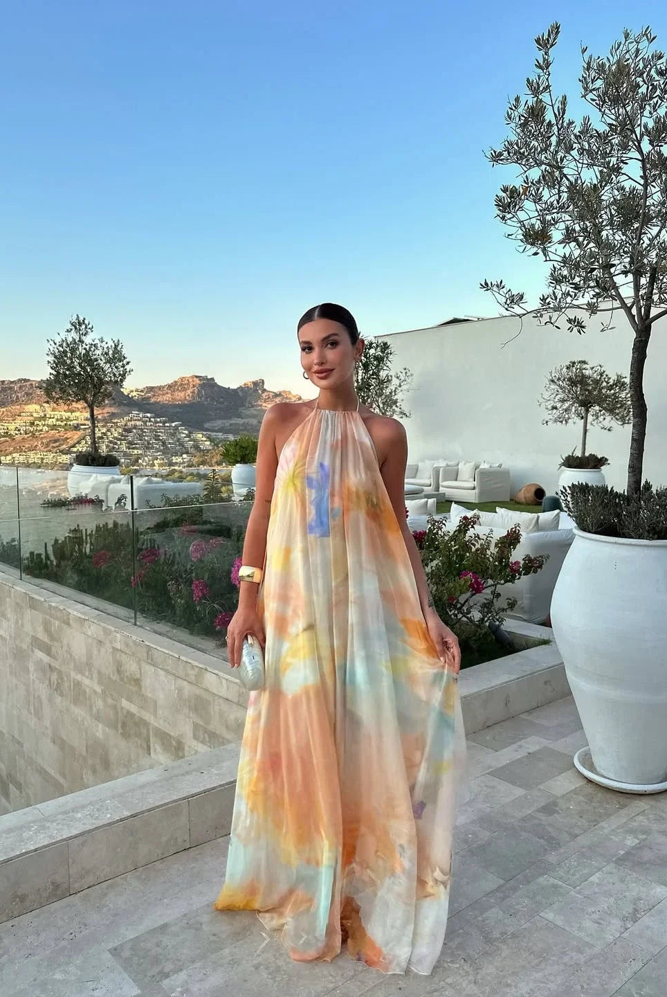 Natalia | Vestido Largo Lencero Mujer Halter Estampado Acuarela