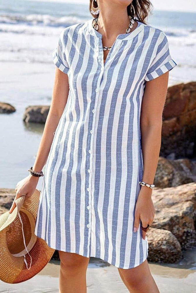 Nerea | Vestido Camisero Corto de Rayas Mujer Manga Corta