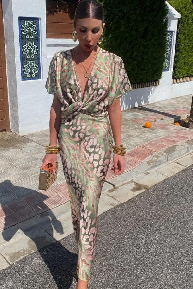 Nerea | Vestido de Fiesta Estampado Animal Print Mujer Escote V Nudo