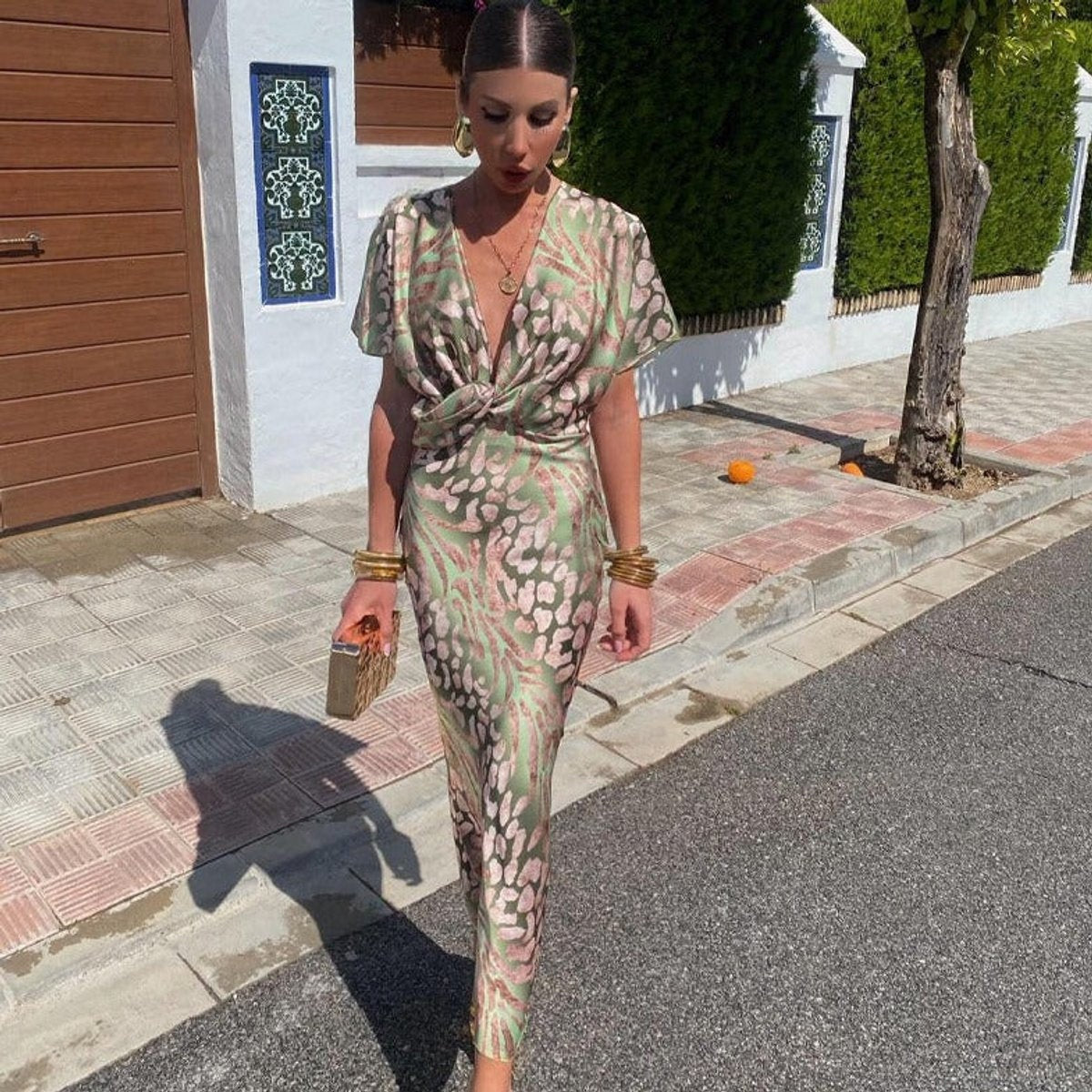 Nerea | Vestido de Fiesta Estampado Animal Print Mujer Escote V Nudo
