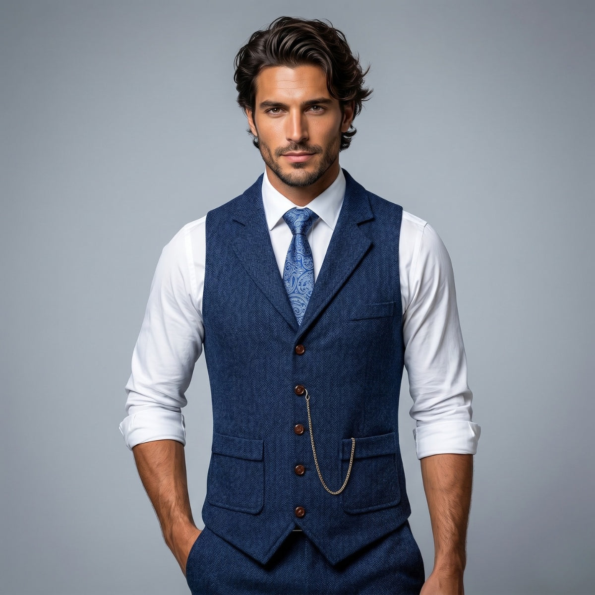 Nicolás | Chaleco de Tweed Hombre Espiga Solapa Entallado
