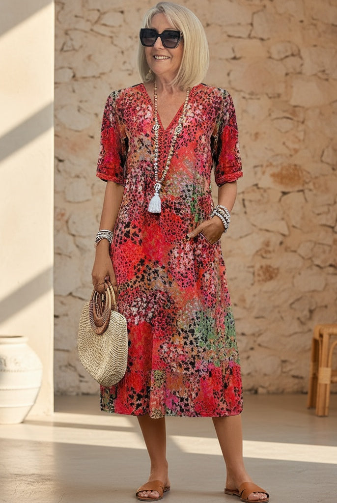 Noelia | Vestido Midi Floral Mujer Escote V Manga Corta
