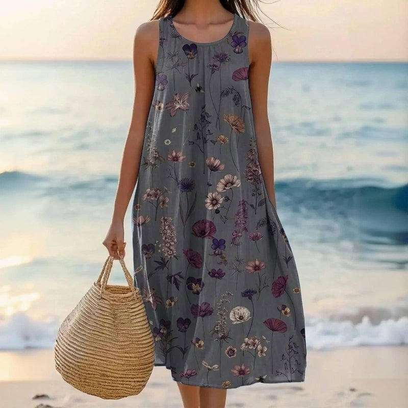 Noelia | Vestido Midi Floral Sin Mangas Mujer Escote Redondo Holgado