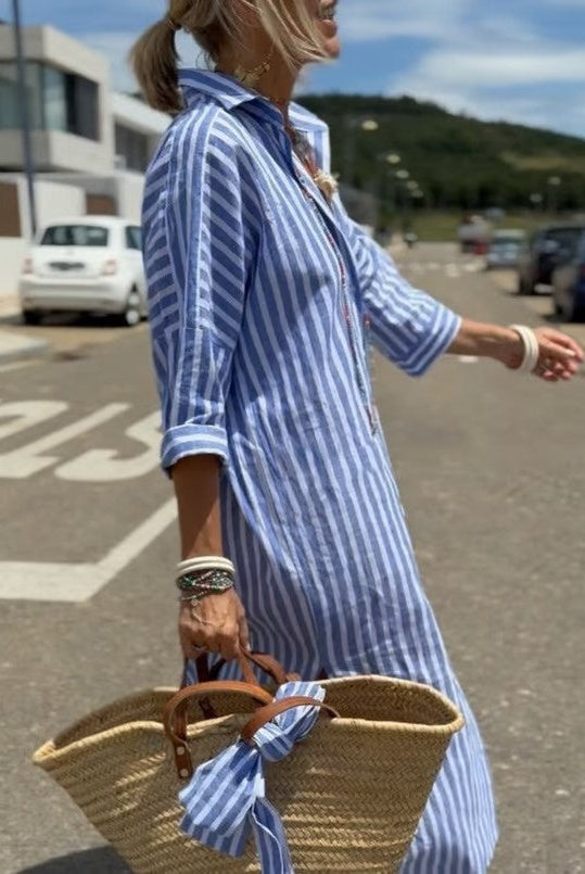 Nuria | Vestido Camisero Midi de Rayas Mujer Manga 3/4