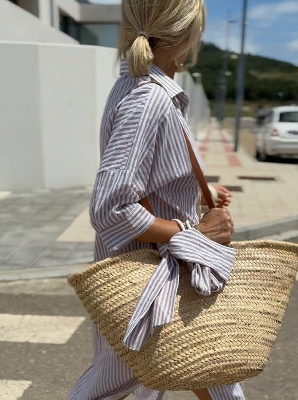 Nuria | Vestido Camisero Midi de Rayas Mujer Manga 3/4