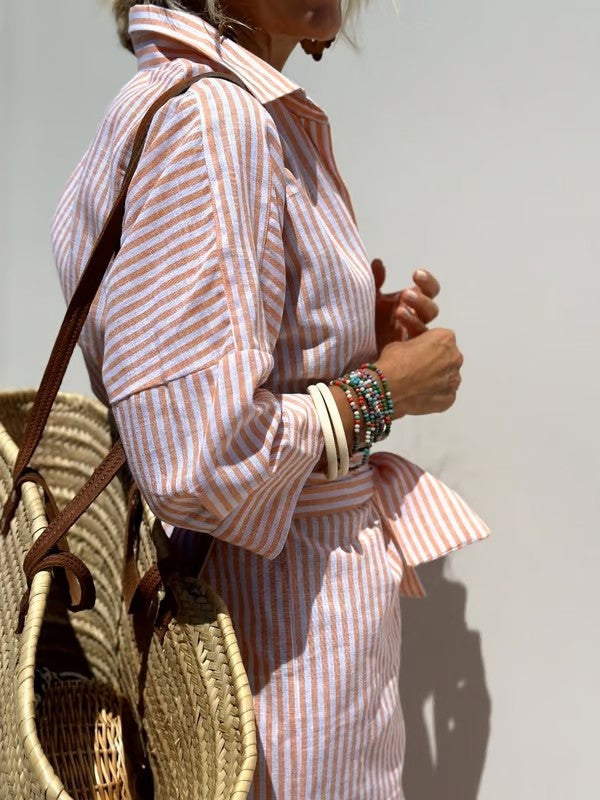 Nuria | Vestido Camisero Midi de Rayas Mujer Manga 3/4