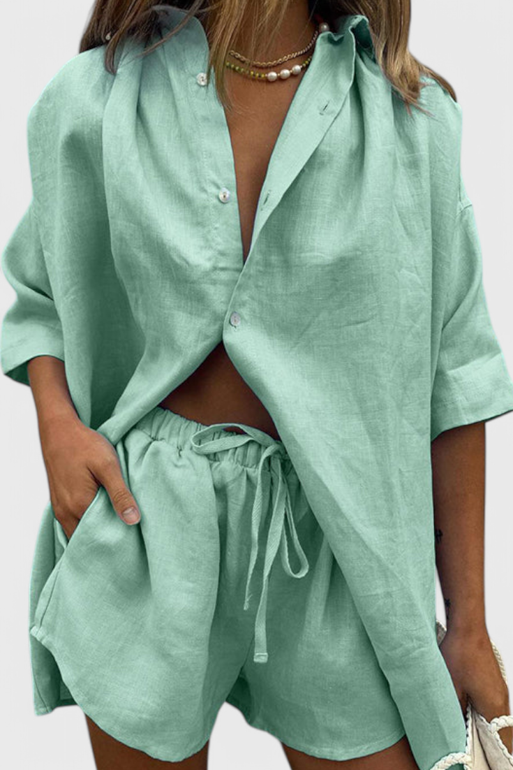 Paloma | Conjunto de Dos Piezas con Camisa de Botones y Pantalón Corto Mujer Cintura Elástica