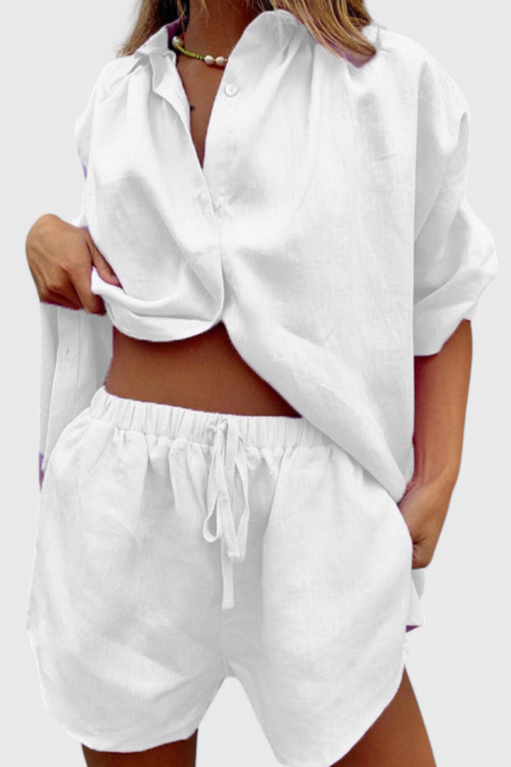 Paloma | Conjunto de Dos Piezas con Camisa de Botones y Pantalón Corto Mujer Cintura Elástica