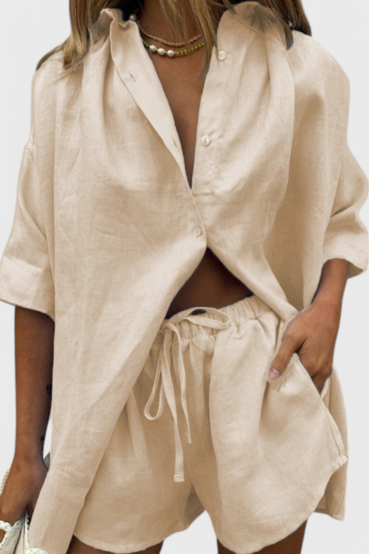 Paloma | Conjunto de Dos Piezas con Camisa de Botones y Pantalón Corto Mujer Cintura Elástica