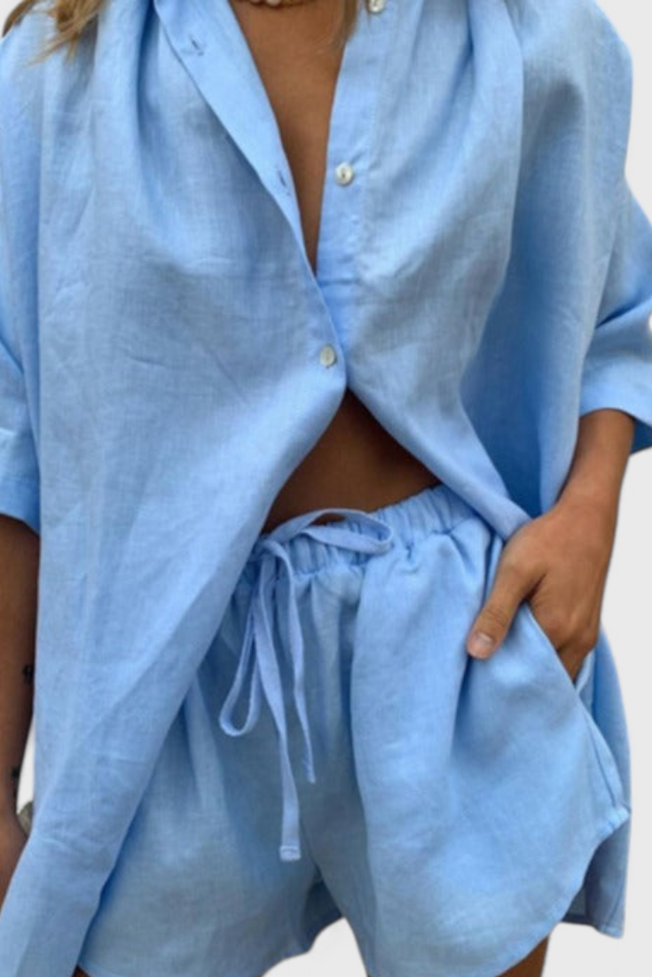 Paloma | Conjunto de Dos Piezas con Camisa de Botones y Pantalón Corto Mujer Cintura Elástica