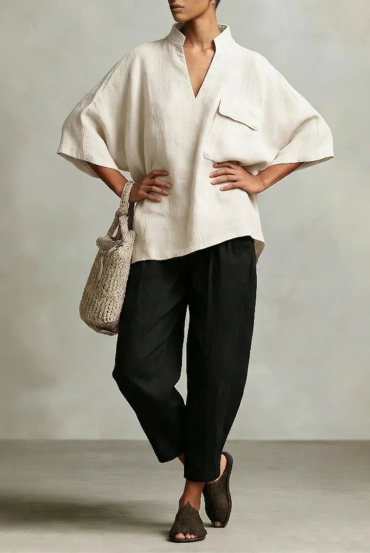 Paloma | Conjunto Poncho de Lino Mujer Dos Piezas Escote V