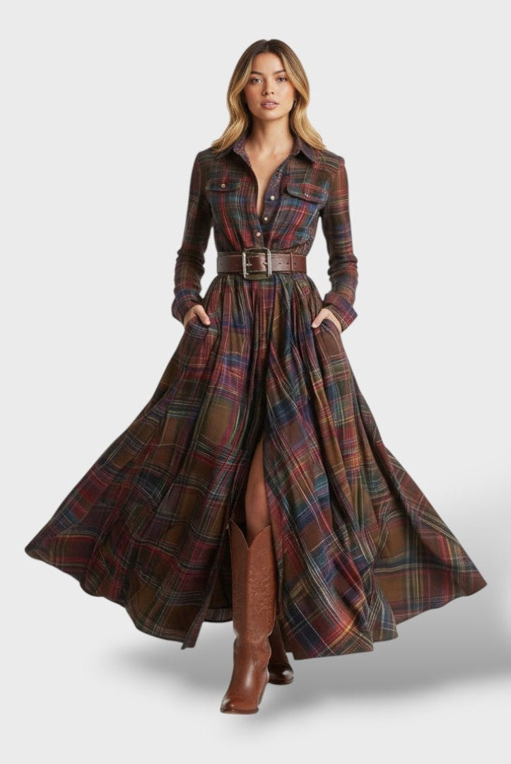 Paloma | Vestido Largo de Invitada Invierno Mujer Manga Larga Cuadros