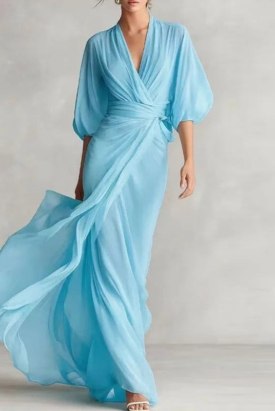 Paloma | Vestido Largo Drapeado de Invitada Mujer Manga Abullonada Escote V