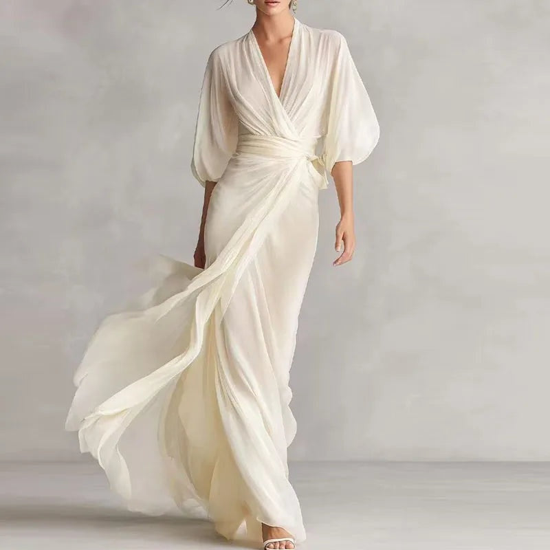 Paloma | Vestido Largo Drapeado de Invitada Mujer Manga Abullonada Escote V