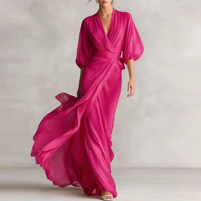 Paloma | Vestido Largo Drapeado de Invitada Mujer Manga Abullonada Escote V