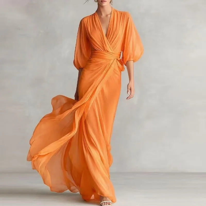 Paloma | Vestido Largo Drapeado de Invitada Mujer Manga Abullonada Escote V