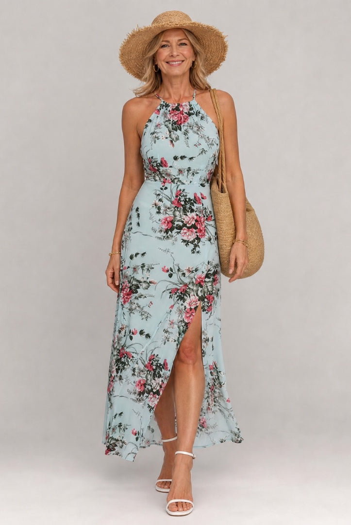 Paloma | Vestido Largo Floral Mujer Cuello Halter Abertura Lateral