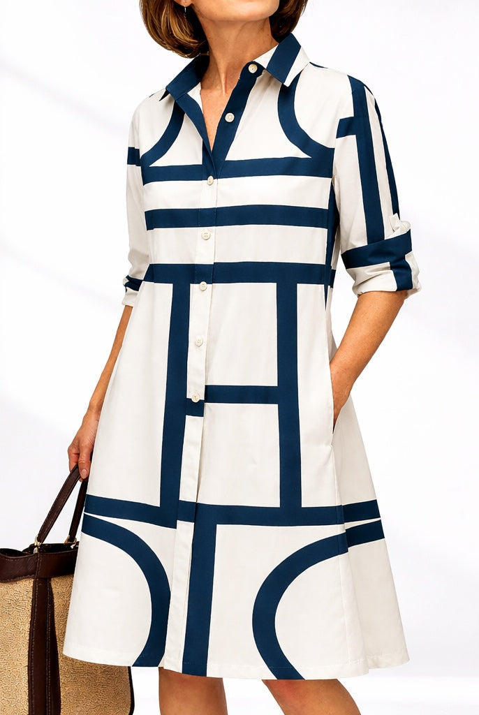 Paloma | Vestido Midi Camisero Estampado Geométrico Mujer Manga Larga