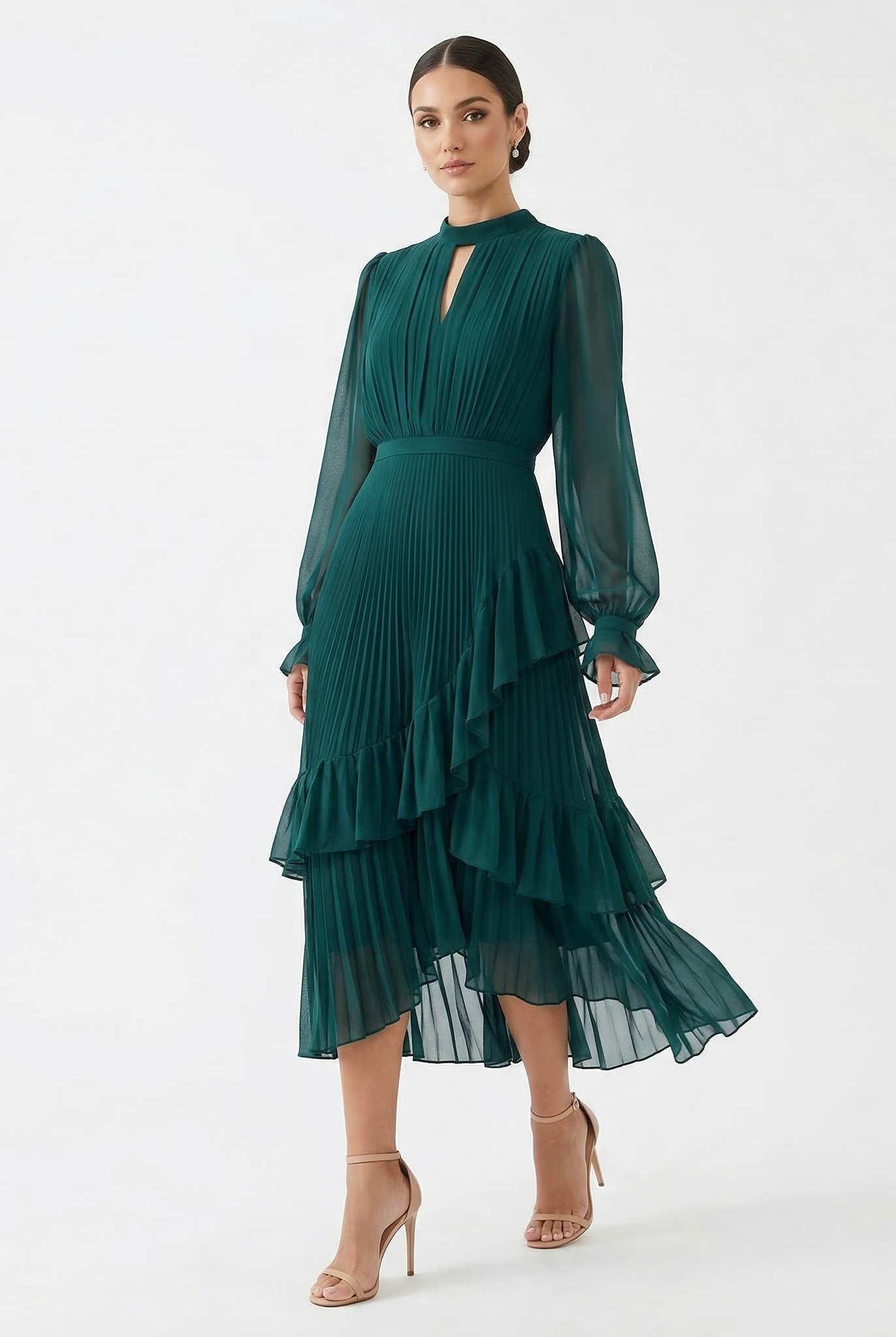 Paloma | Vestido Midi Plisado con Volantes Mujer Cuello Alto