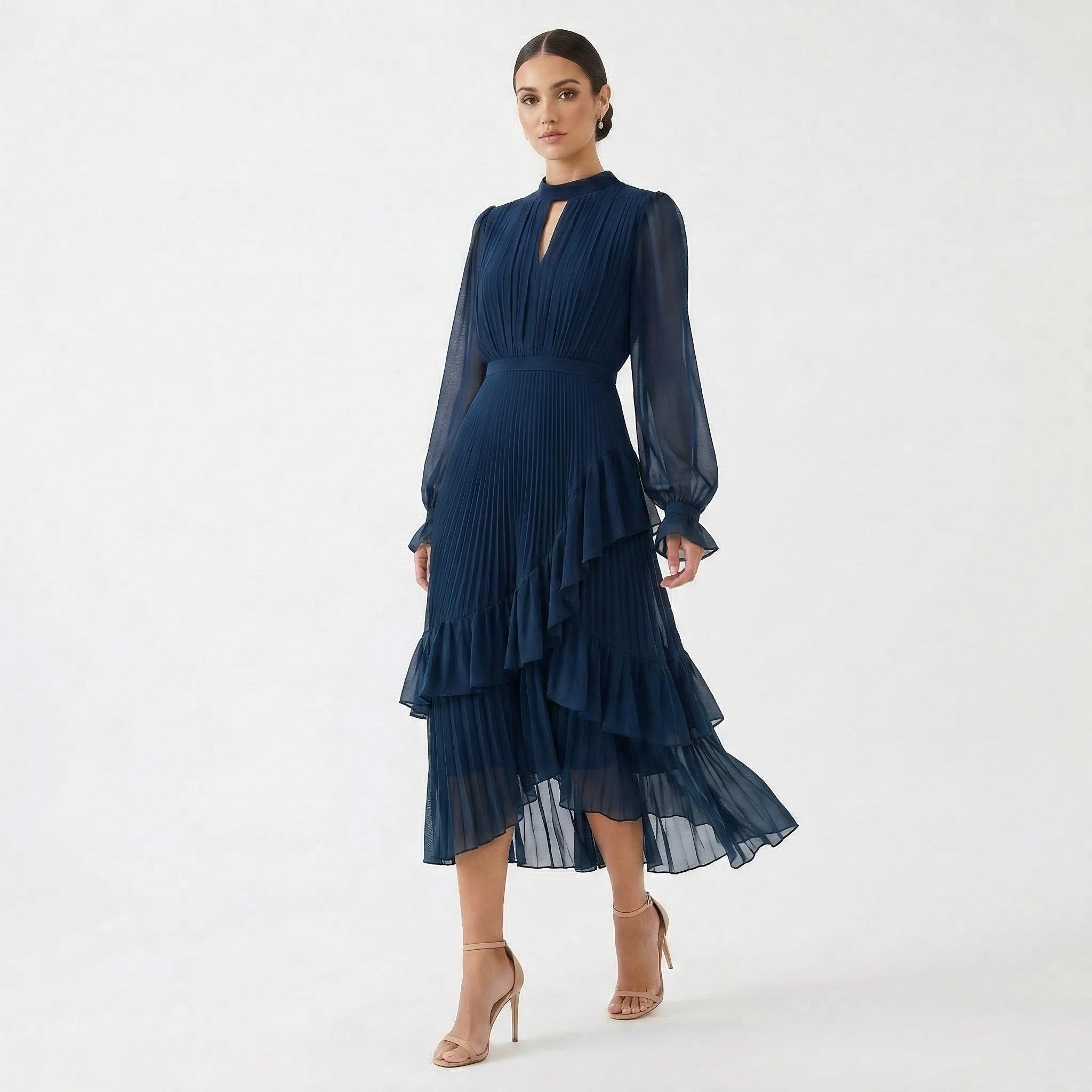 Paloma | Vestido Midi Plisado con Volantes Mujer Cuello Alto