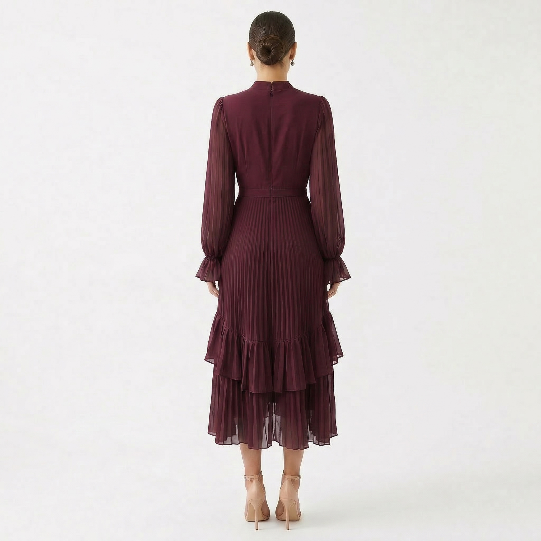 Paloma | Vestido Midi Plisado con Volantes Mujer Cuello Alto