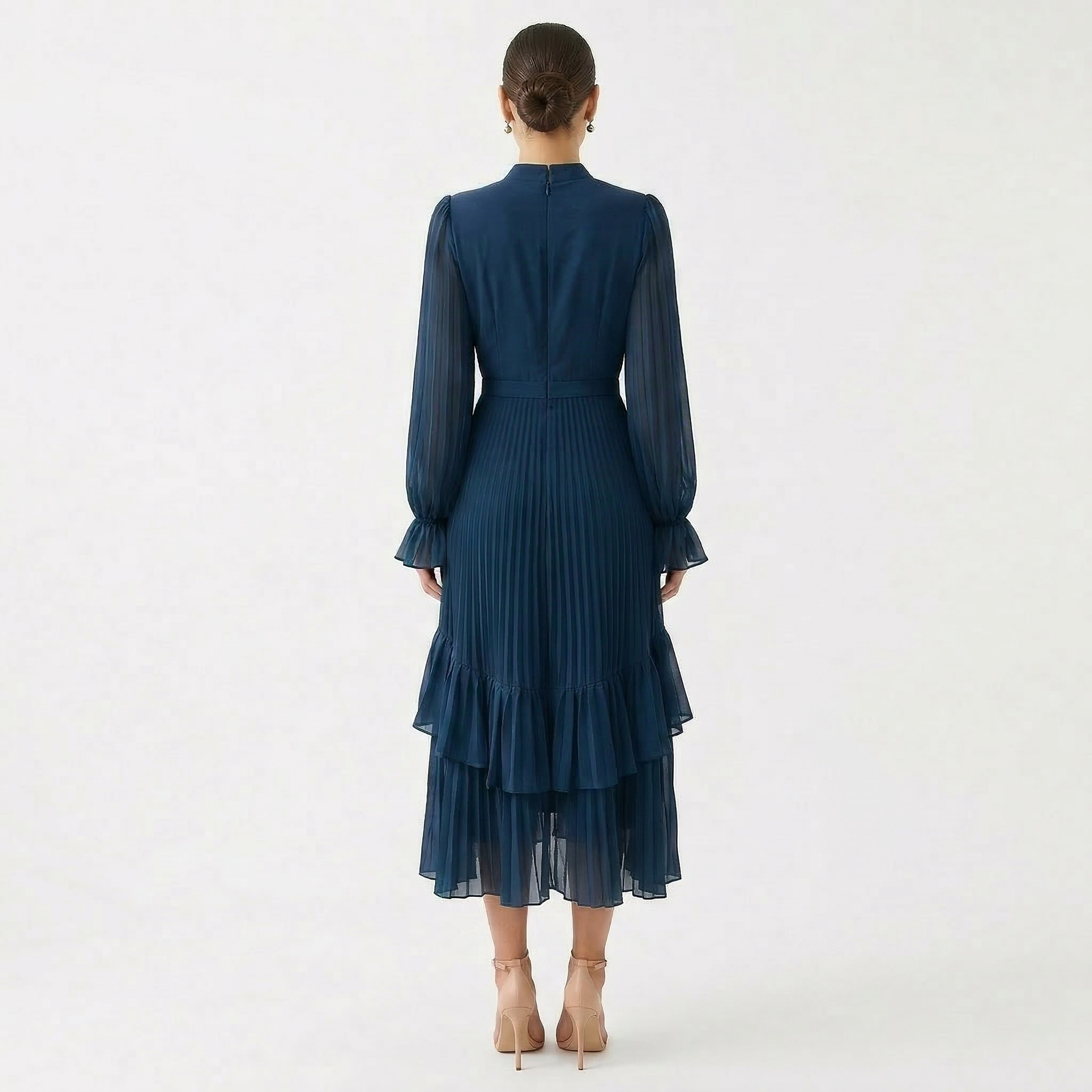 Paloma | Vestido Midi Plisado con Volantes Mujer Cuello Alto