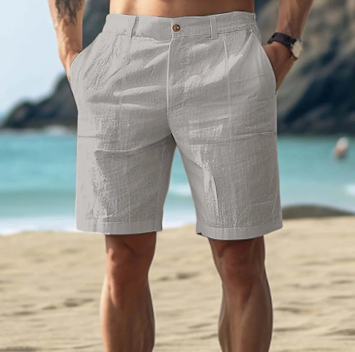 Pantalón Corto de Lino Hombre Cintura Media