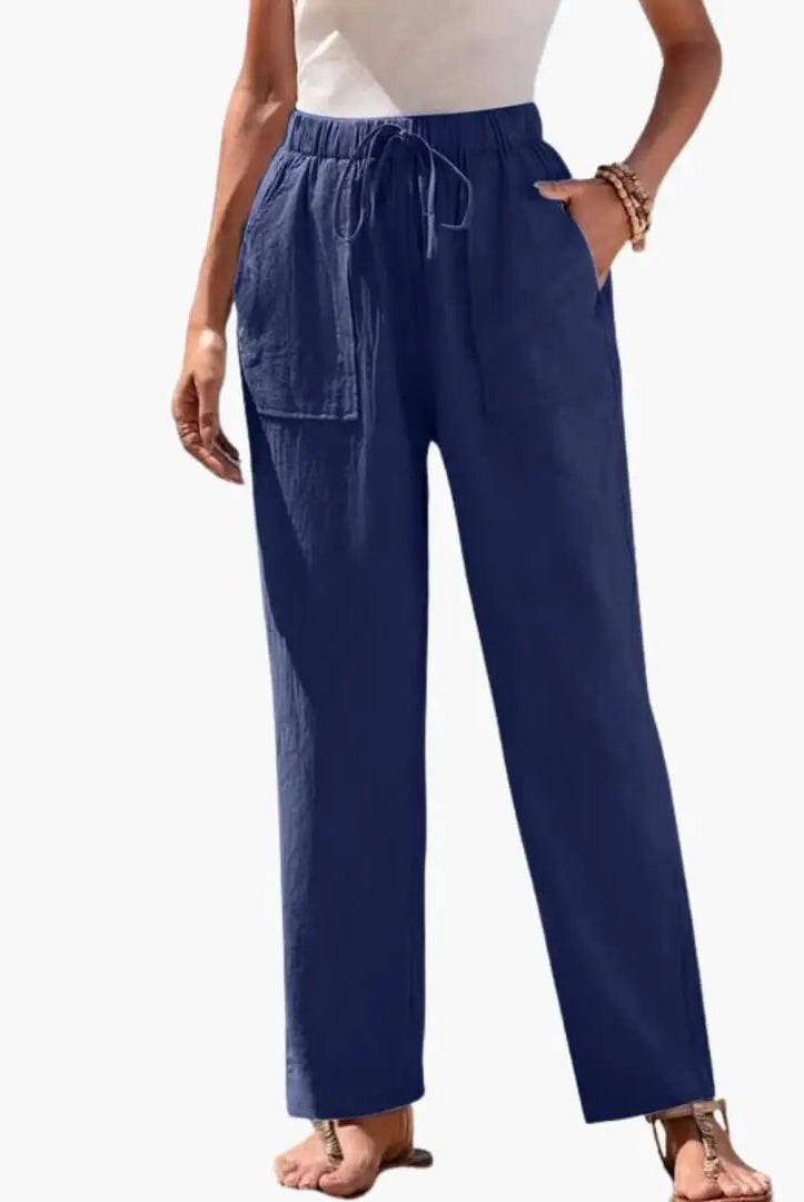 Pantalón de Lino con Cordón Ajustable Mujer Bolsillos