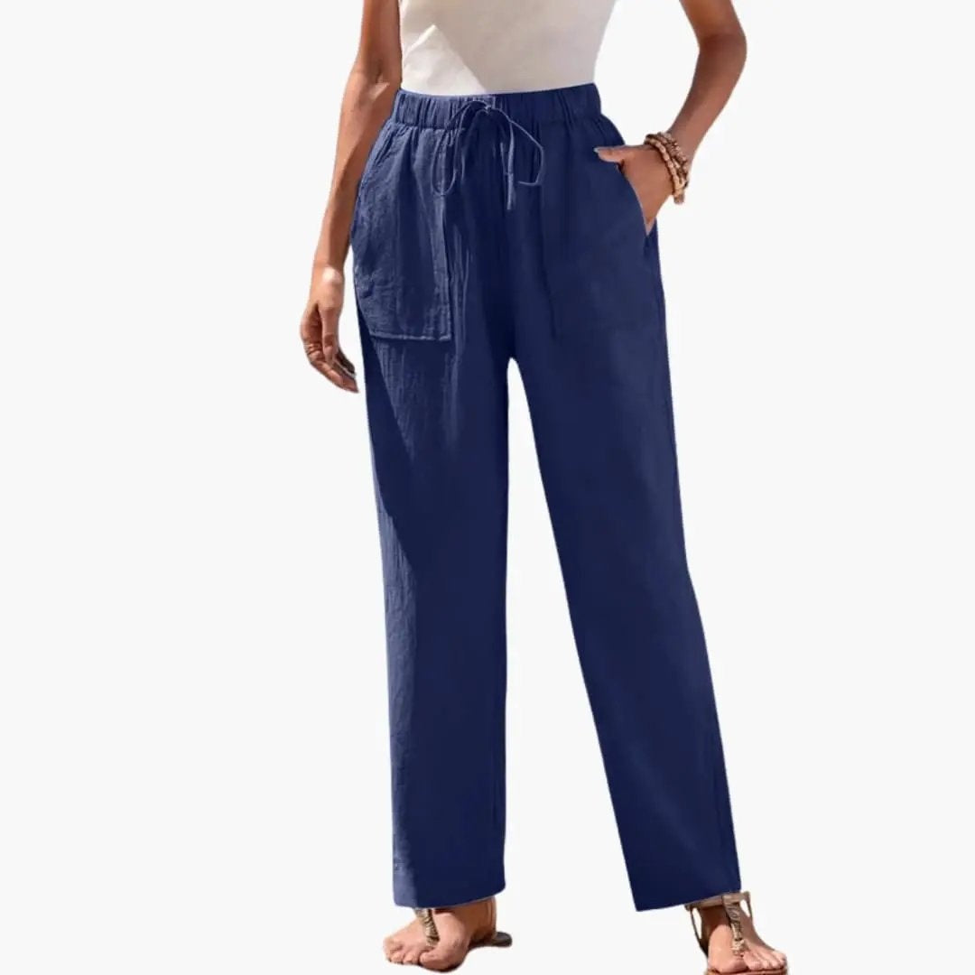 Pantalón de Lino con Cordón Ajustable Mujer Bolsillos