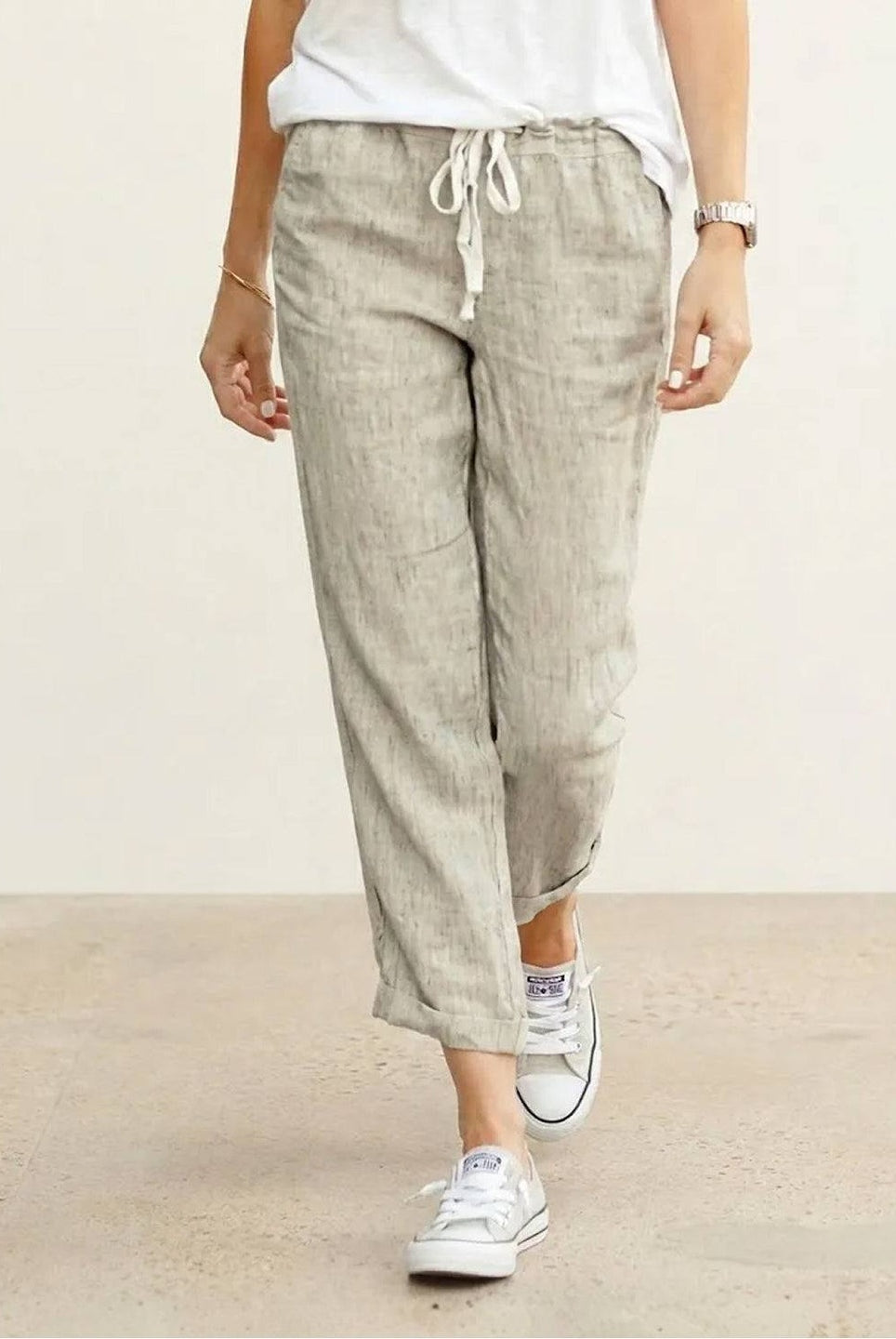 Pantalón de Lino con Cordón Mujer Tobillos