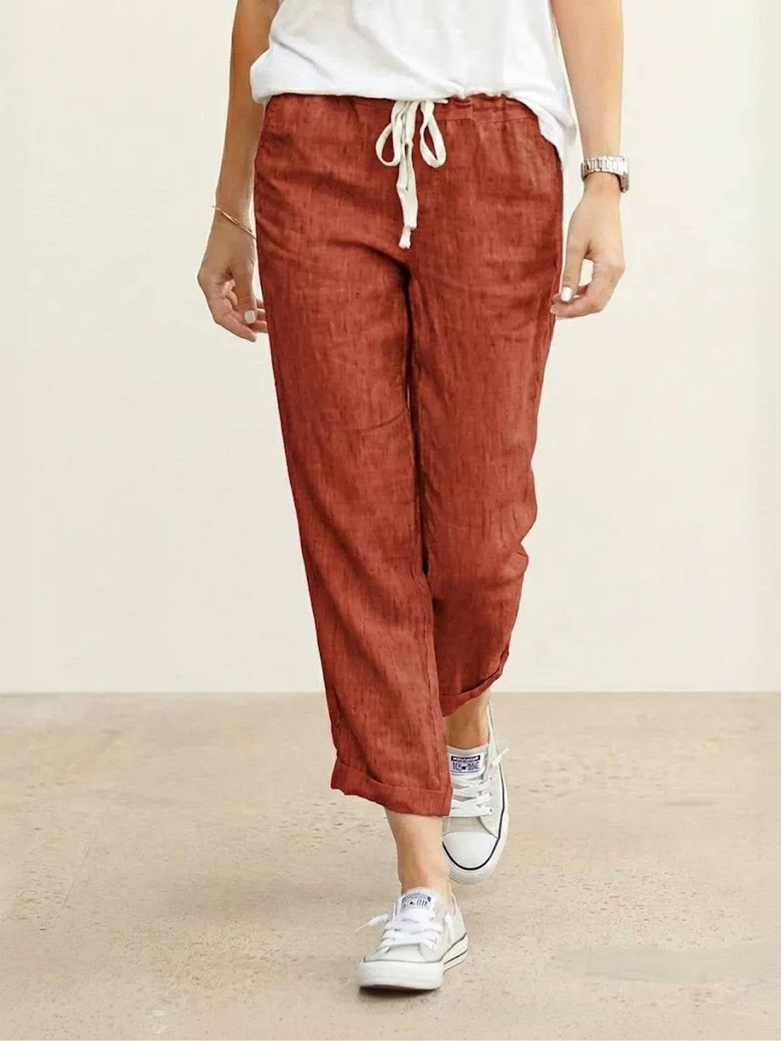 Pantalón de Lino con Cordón Mujer Tobillos