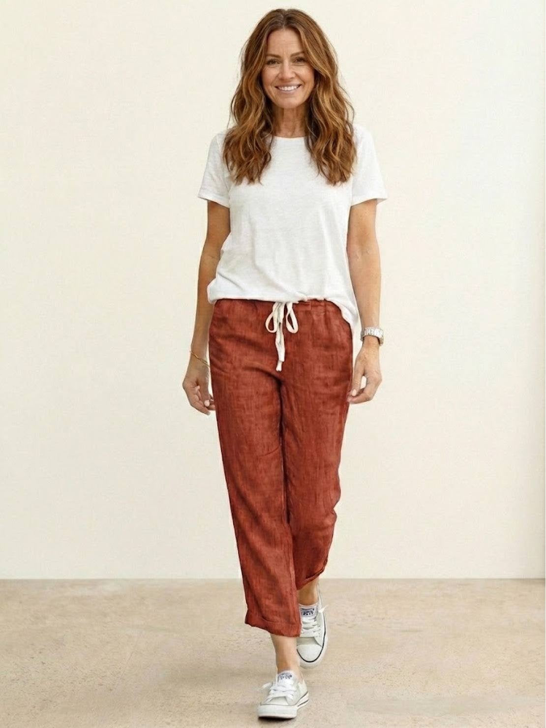 Pantalón de Lino con Cordón Mujer Tobillos