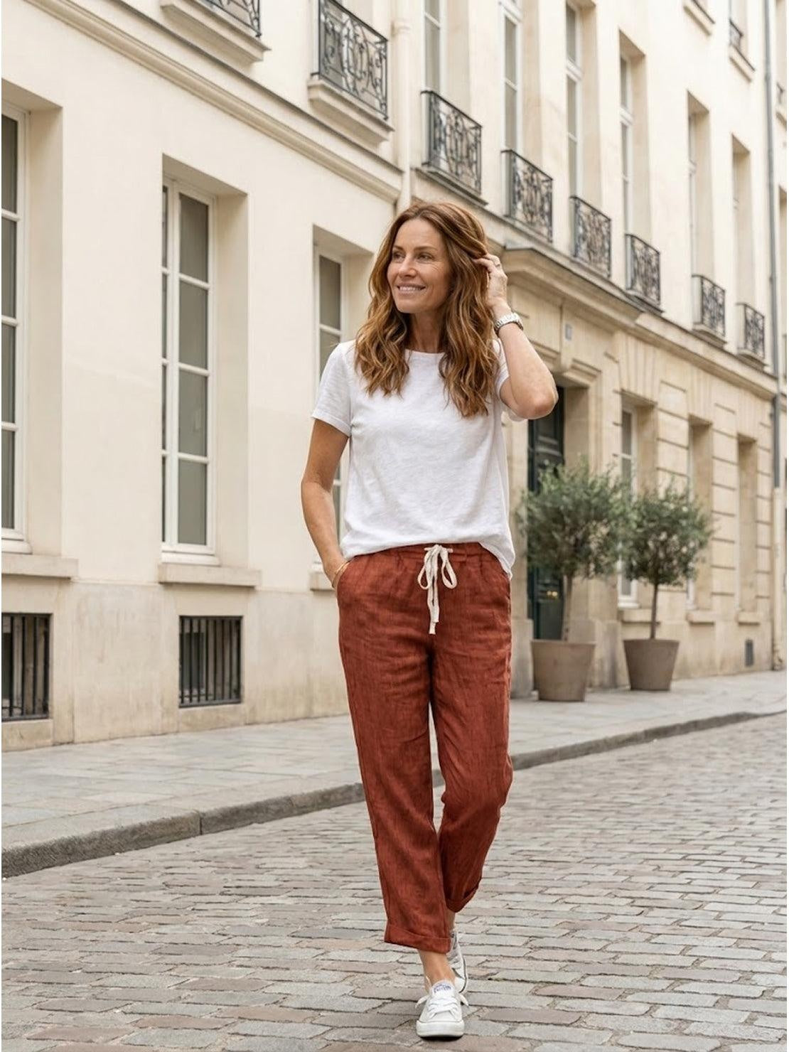 Pantalón de Lino con Cordón Mujer Tobillos