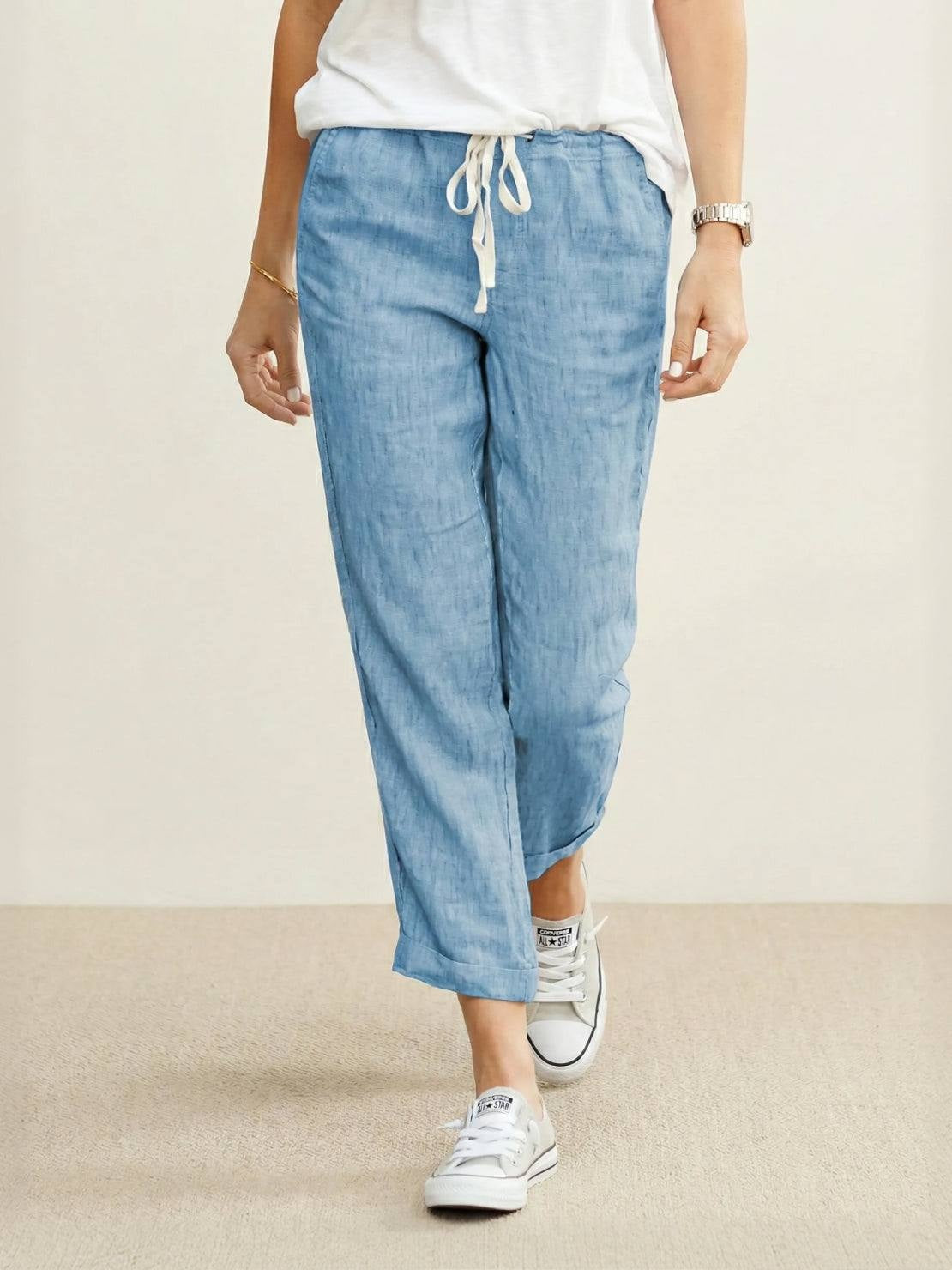 Pantalón de Lino con Cordón Mujer Tobillos