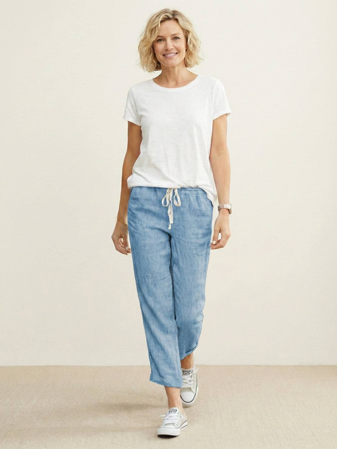 Pantalón de Lino con Cordón Mujer Tobillos