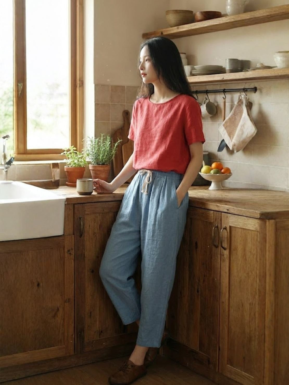 Pantalón de Lino con Cordón Mujer Tobillos