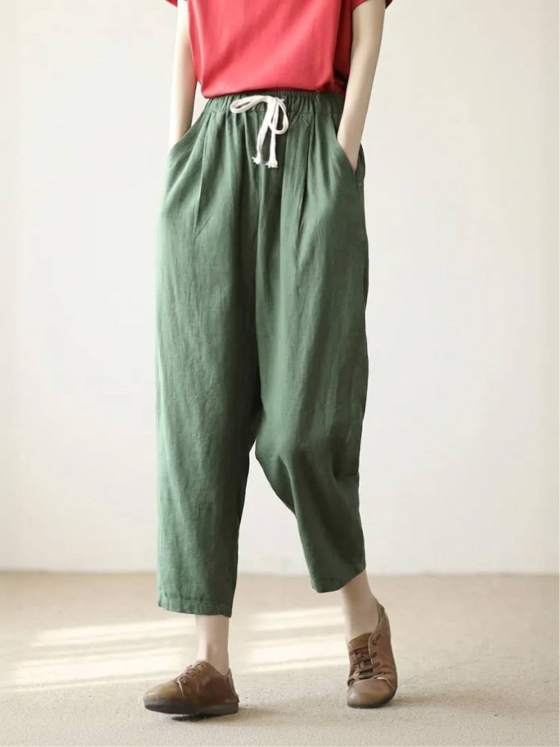 Pantalón de Lino con Cordón Mujer Tobillos