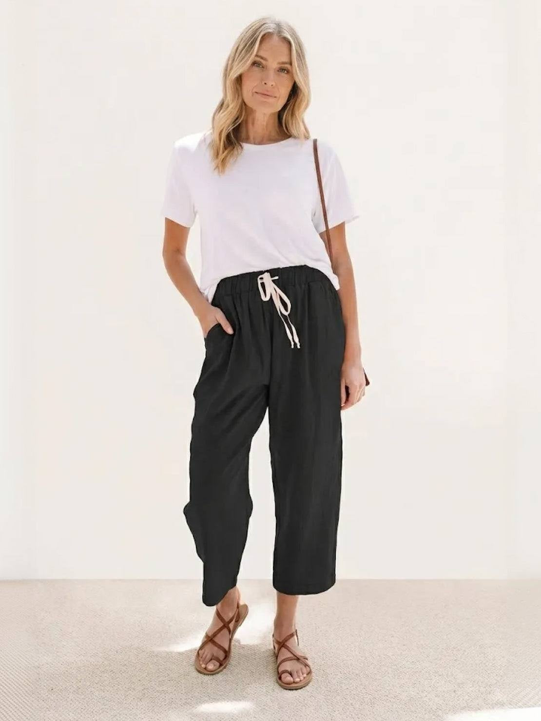 Pantalón de Lino con Cordón Mujer Tobillos