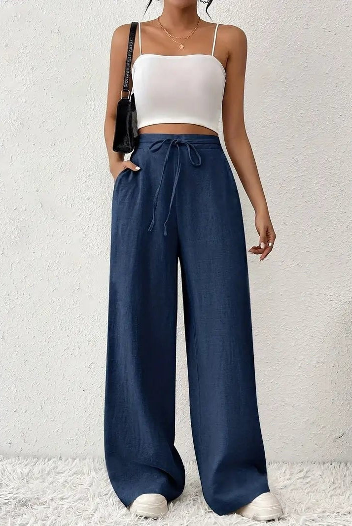 Pantalón Palazzo de Lino Mujer Cintura Alta Cordón