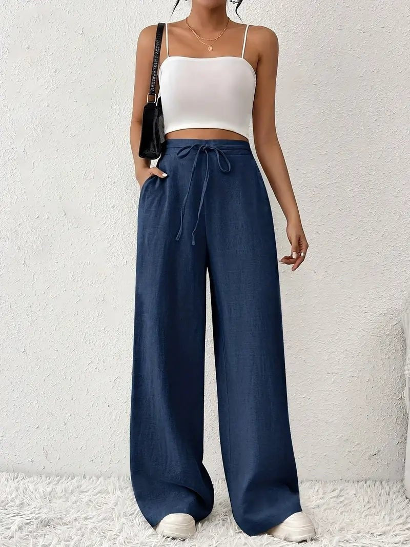 Pantalón Palazzo de Lino Mujer Cintura Alta Cordón