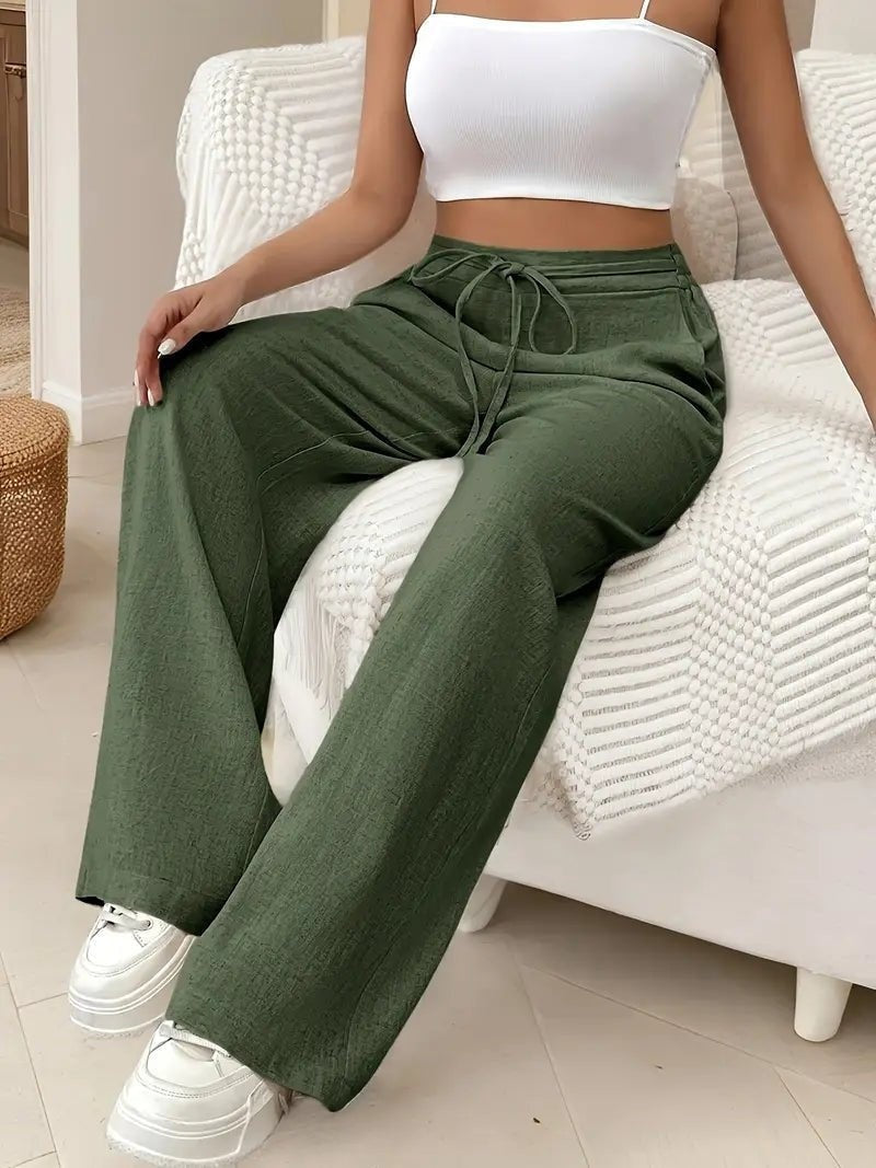 Pantalón Palazzo de Lino Mujer Cintura Alta Cordón