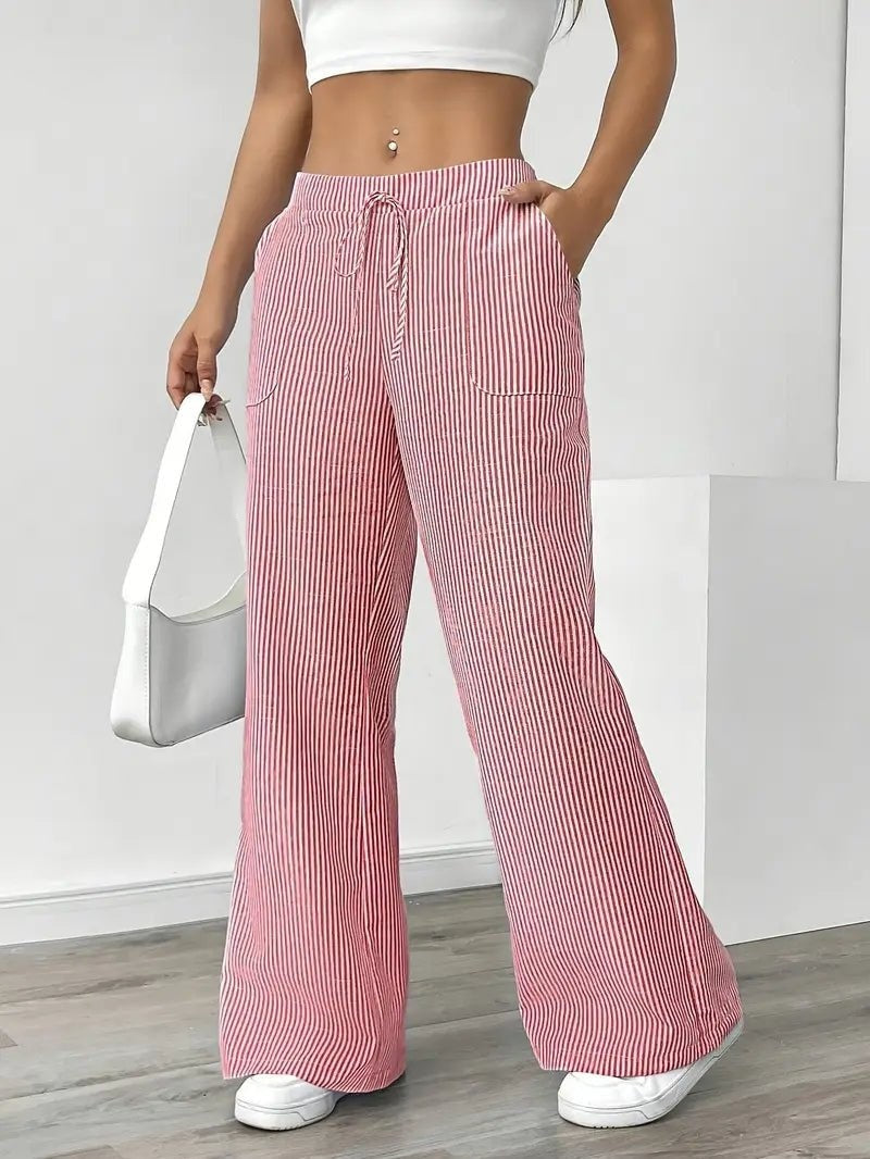 Pantalón Palazzo de Rayas Verticales Mujer Cintura Ajustable