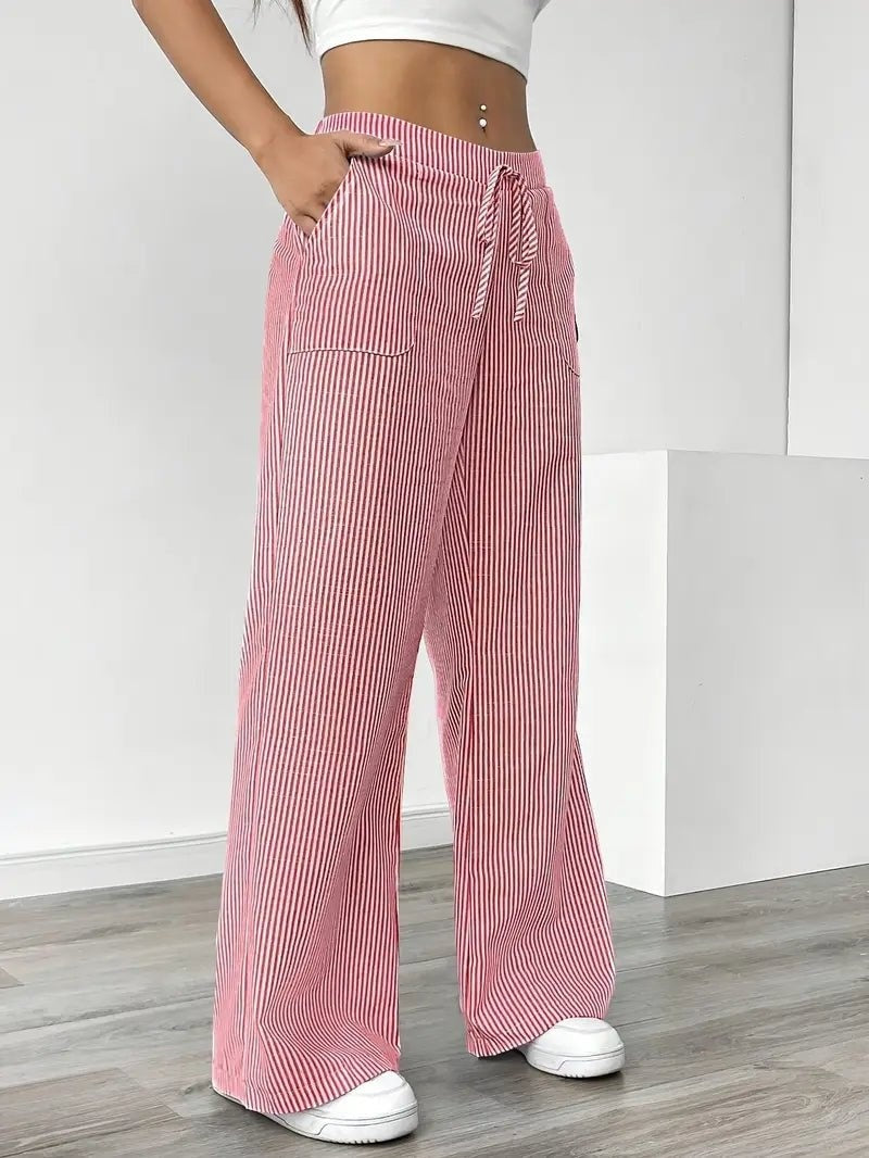 Pantalón Palazzo de Rayas Verticales Mujer Cintura Ajustable